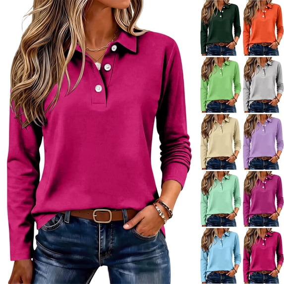 WULMLEO Womens Polo Shirts Long Sleeve Collared Button Vintage Cute Fall Tops Hot Pink XL