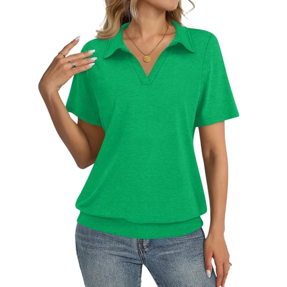 WULMLEO Womens Polo Shirts Short Sleeve Banded Bottom Tops Business Casual Tops Collared V Neck Dressy Blouses Green 3XL
