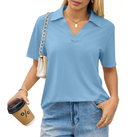 WULMLEO Womens Polo Shirts Short Sleeve Banded Bottom Tops Business Casual Tops Collared V Neck Dressy Blouses Sky Blue XL