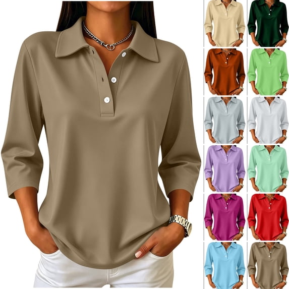 WULMLEO Womens Polo Shirts for Work Golf Collared Button Vintage 3/20 Sleeve Tops Khaki 2XL