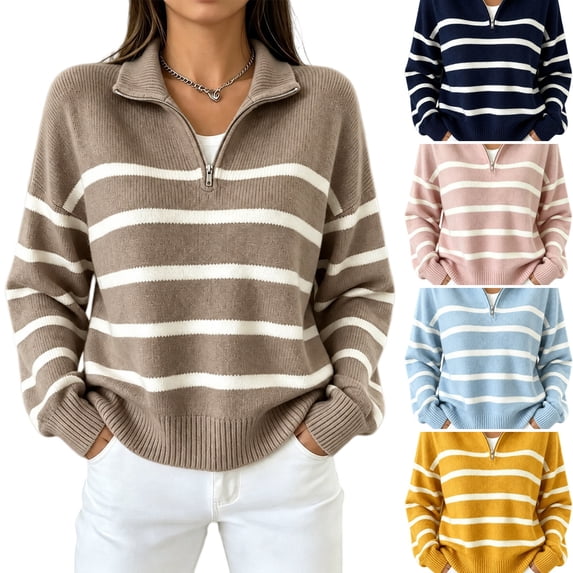 WULMLEO Womens Quarter Zip Striped Sweater Long Sleeve Pullover Knit Fall Casual Shirts Khaki M