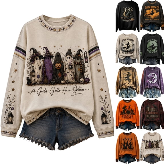 WULMLEO Womens Retro Halloween Witch Print Pullover Sweatshirt Long Sleeve Crew Neck Fall Casual Tops Light Gray 3XL