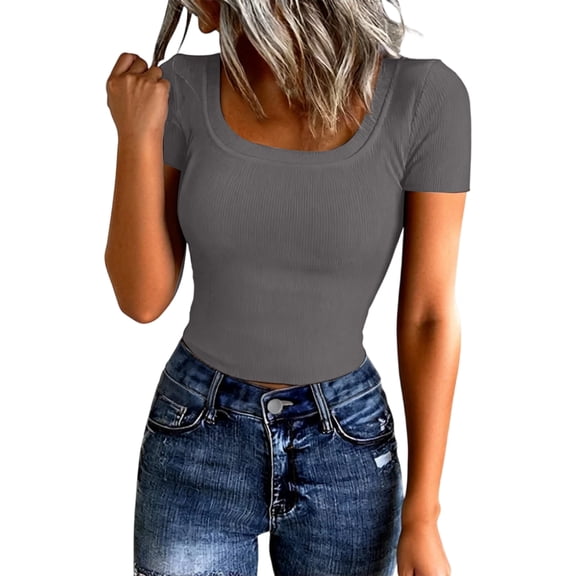 WULMLEO Womens Ribbed Knit Fitted Tops Square Neck Short Sleeve Y2k Tees Solid Stretch Shirt Summer Going Out Party Outfits Dark Gray XL