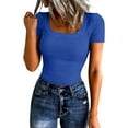 thumbnail image 1 of WULMLEO Womens Ribbed Knit Fitted Tops Square Neck Short Sleeve Y2k Tees Solid Stretch Shirt Summer Going Out Party Outfits Royal Blue 2XL, 1 of 4
