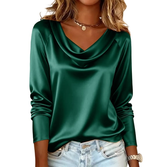 WULMLEO Womens Satin Blouse Cowl Neck Draped Silky Long Sleeve Dressy Tops Fall Trendy Fashion Business Casual Outfit Green S