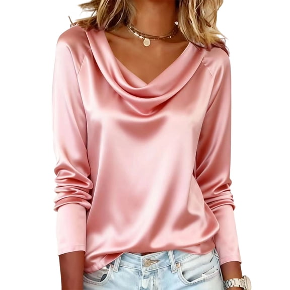 WULMLEO Womens Satin Blouse Cowl Neck Draped Silky Long Sleeve Dressy Tops Fall Trendy Fashion Business Casual Outfit Pink S
