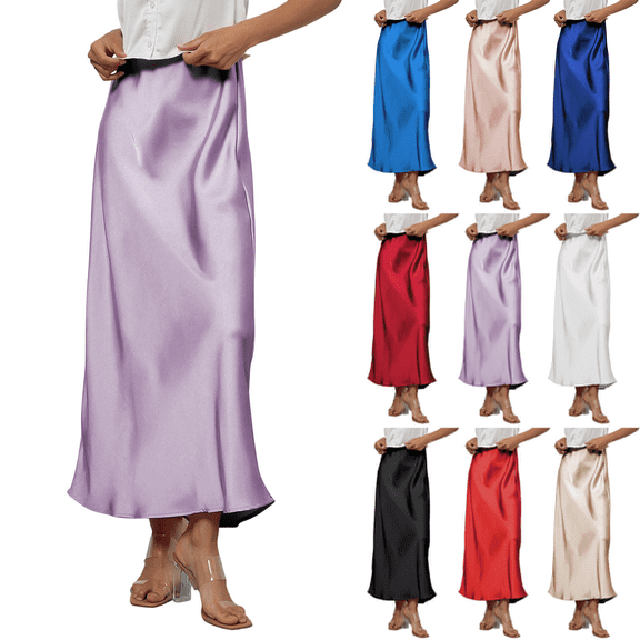 WULMLEO Womens Satin High Waist Elastic Maxi Skirt Silk Elegant Dressy Bodycon A-Line Long Skirts Cocktail Party Outfits Light Purple S