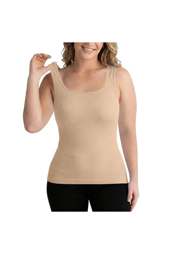 Womens Scoop Neck Sleeveless Racerback Ribbed Knit Slim Fitted Basic Tank Top Shirt Beige 2XL