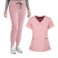thumbnail image 1 of WULMLEO Womens Scrub Sets 2 Piece Short Sleeve Medical Scrubs Outfits Drawstring Comfortable V Neck Trendy Nurse Uniform Tops and Pants Stretch Spring Petite Nursing Workwear Pink M, 1 of 3