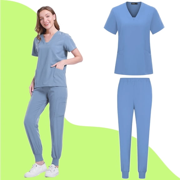 WULMLEO Womens Scrub Sets 2 Piece Short Sleeve Petite Scrubs Outfits Medical V Neck Fashion Nurse Uniform Shirts and Joggers Stretch Working Soft Comfortable Nursing Workwear Light Blue L