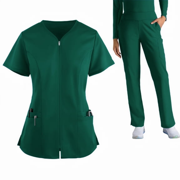 WULMLEO Womens Scrub Sets 2 Piece Short Sleeve Soft Comfortable Scrubs Outfits Stretch V Neck Casual Nurse Uniform Shirts and Joggers Medical Spring Petite Nursing Workwear Dark Green 2XL