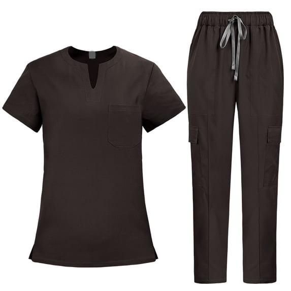 WULMLEO Womens Scrub Sets 2 Piece V Neck Stretch Scrubs Outfits Soft Comfortable Short Sleeve Spring Nursing Workwear Shirts and Joggers Petite Working Medical Nurse Uniform Coffee S