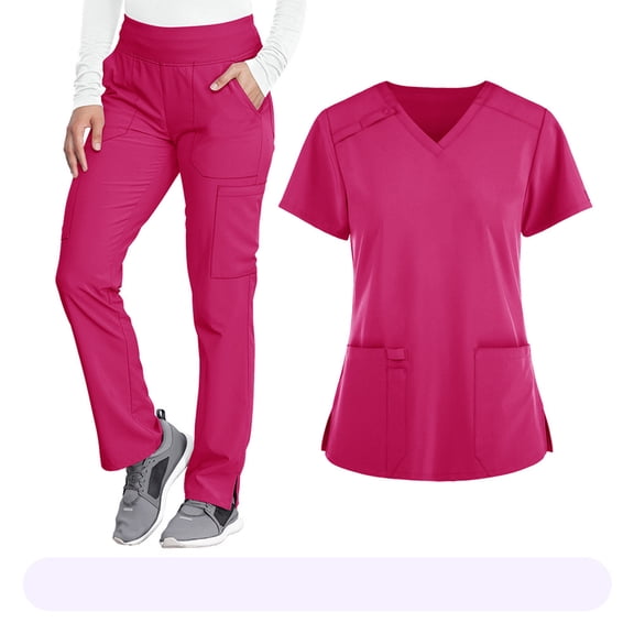 WULMLEO Womens Scrub Sets 2 Piece V Neck Stretch Scrubs Outfits Soft Comfortable Short Sleeve Trendy Nursing Workwear Tops and Pants Petite Fashion Medical Nurse Uniform Hot Pink S