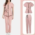 thumbnail image 1 of WULMLEO Womens Scrubs Outfits 2 Piece Short Sleeve Medical Scrub Sets Petite V Neck Casual Nursing Workwear Tops and Pants Stretch Working Zip up Comfortable Nurse Uniform Pink 2XL, 1 of 5
