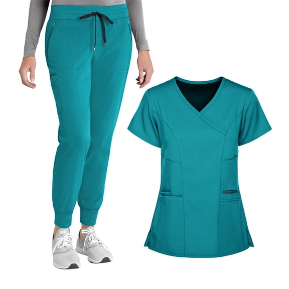 WULMLEO Womens Scrubs Outfits 2 Piece Short Sleeve Petite Scrub Sets Stretch V Neck Casual Nurse Uniform Tops and Pants Medical Spring Drawstring Comfortable Nursing Workwear Sky Blue XL