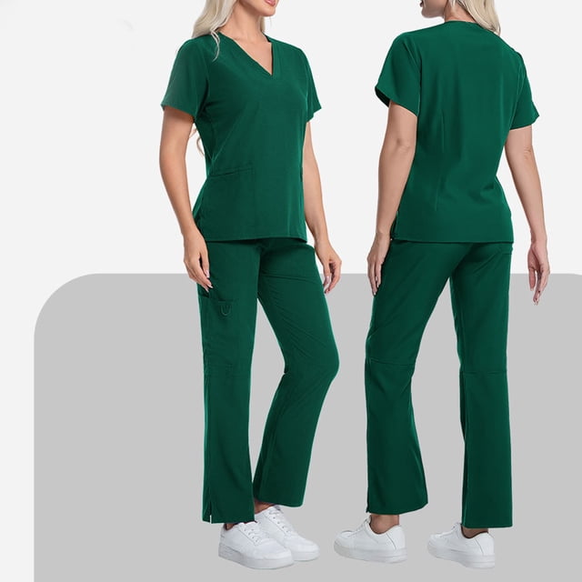 WULMLEO Womens Scrubs Outfits 2 Piece V Neck Petite Scrub Sets Soft Comfortable Short Sleeve Fashion Nurse Uniform Shirts and Joggers Medical Spring Stretch Nursing Workwear Dark Green L