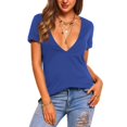 thumbnail image 1 of WULMLEO Womens Sexy Deep V Neck T Shirts Summer Oversized Short Sleeve Tee Tops Blue S, 1 of 5