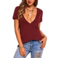 thumbnail image 1 of WULMLEO Womens Sexy Deep V Neck T Shirts Summer Oversized Short Sleeve Tee Tops Wine S, 1 of 5