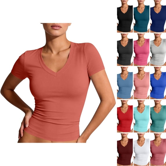 WULMLEO Womens Shirts Basic V Neck Short Sleeve Tops Summer Y2k Lounge Lightweight Blouses Comfy Casual Work Tshirts Vermilion S