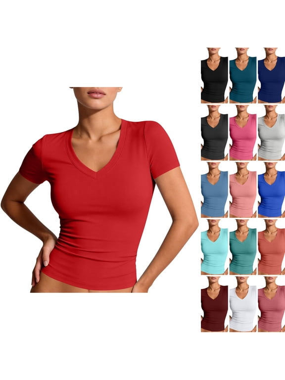 Womens Shirts Basic V Neck Short Sleeve Tshirts Summer Y2k Stylish Work Tees Casual Fashion Comfortable T-Shirts Red S