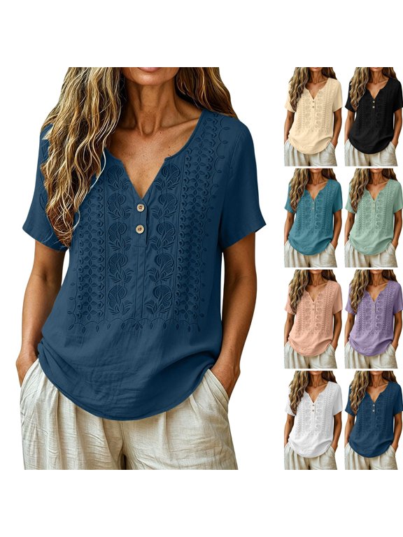 Womens Shirts Boho V Neck Short Sleeve T-Shirts Cotton Linen Loose Fit 2026 Tshirts Soft Casual Vacation Tees Navy S