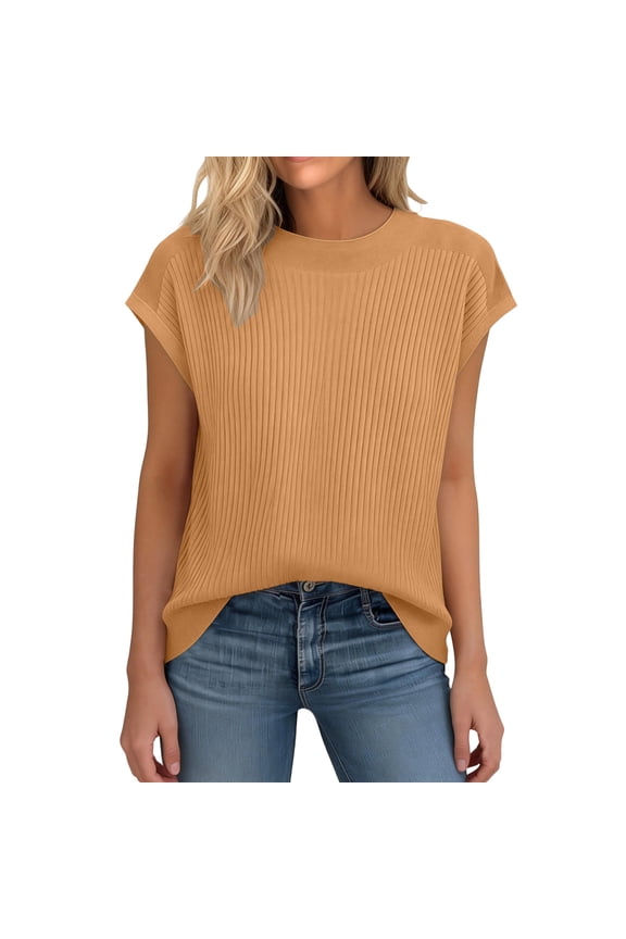 Womens Shirts Casual Crewneck Sleeve T Shirt Cute Summer Tops Loose Knitted Blouses Camel 2XL