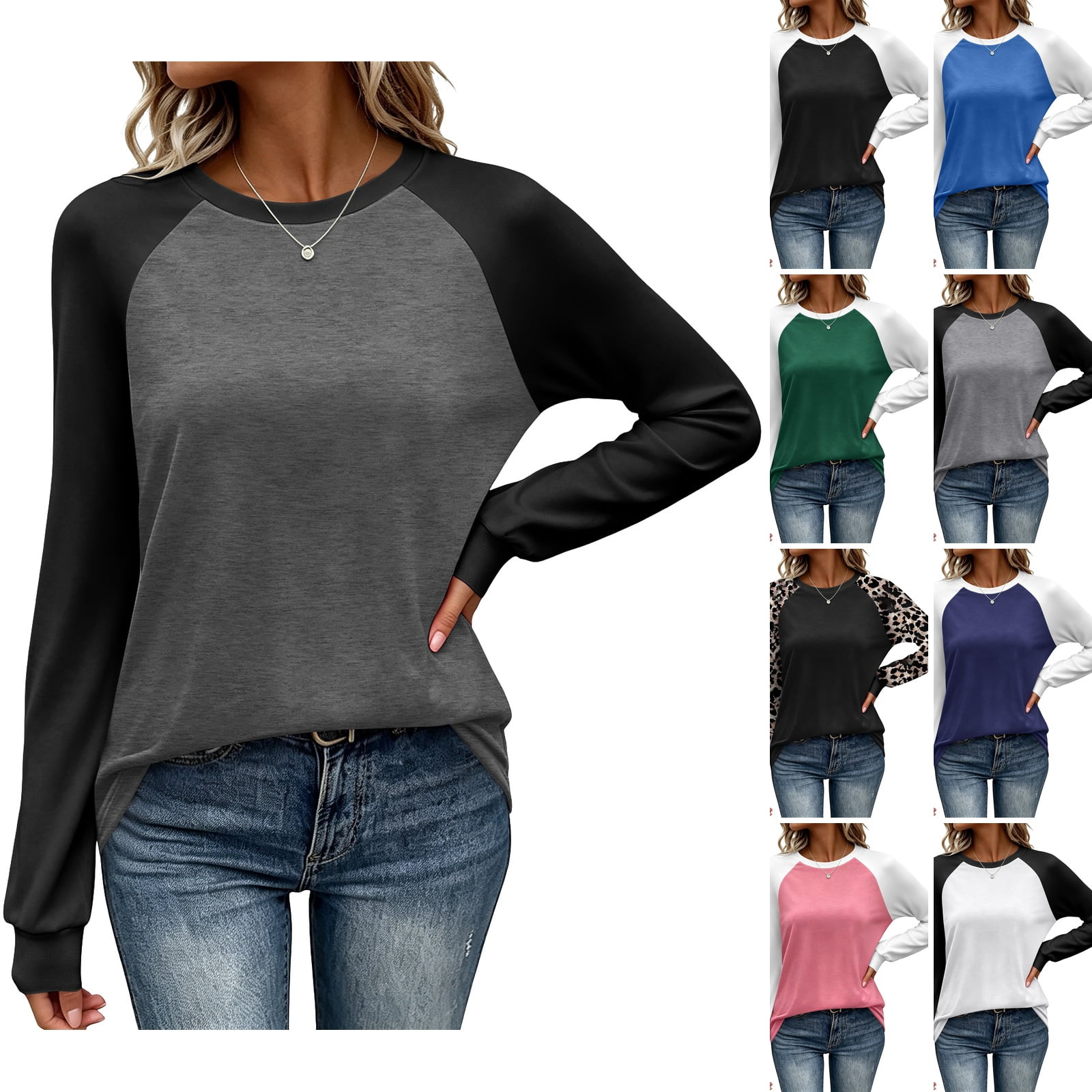 WULMLEO Womens Shirts Comfy Raglan Sleeve Crew Neck Color Block Long ...