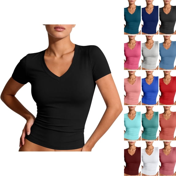 WULMLEO Womens Shirts Summer Y2k Short Sleeve V Neck T-Shirts Basic Slim Fit 2026 Tshirts Comfy Casual Lightweight Blouses Black XL