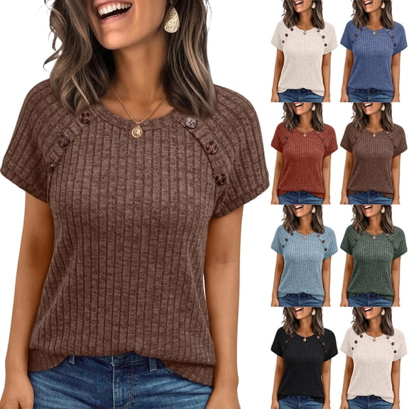 WULMLEO Womens Short Sleeve Tshirts Casual Tunic Work Tops Winter Plus Size Sweaters Date Night Outfit 2026 Dressy Blouse Brown S