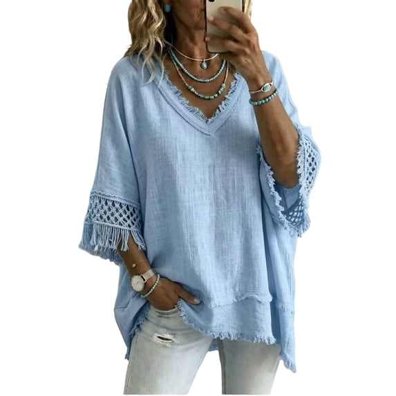 WULMLEO Womens Short Sleeve V Neck Tee Shirts Boho Frayed Hollow Out Cotton T-Shirt Lightweight Tassel Trendy Comfy Tees Blue M