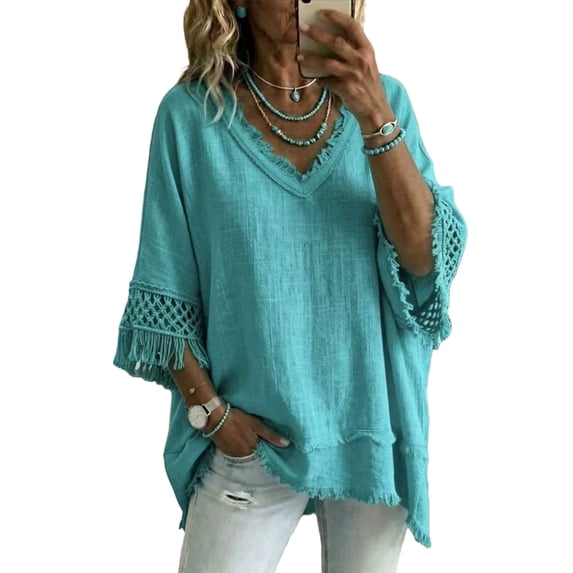 WULMLEO Womens Short Sleeve V Neck Tee Shirts Boho Frayed Hollow Out Cotton T-Shirt Lightweight Tassel Trendy Comfy Tees Turquoise 2XL