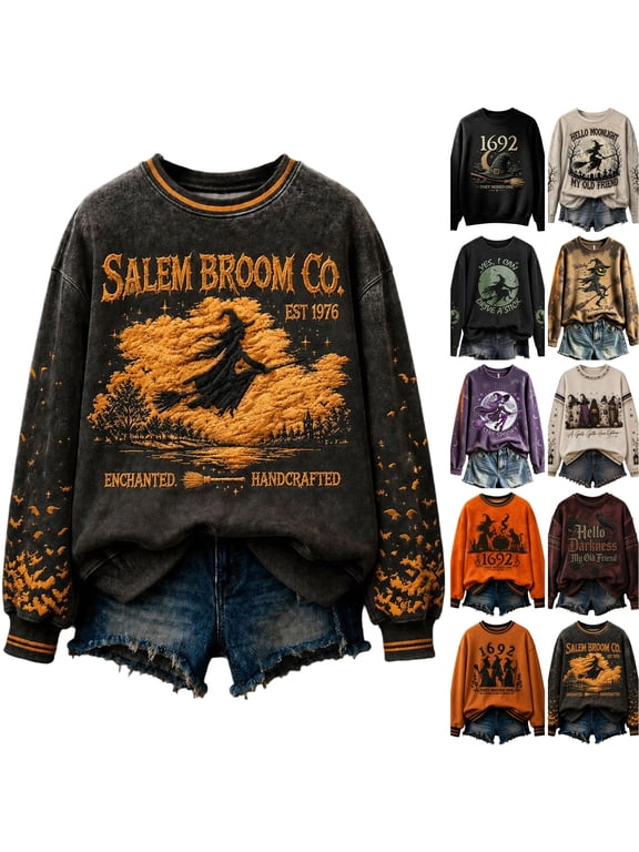 Womens Spooky Halloween Witch Graphic Sweatshirt Long Sleeve Crew Neck Loose Fit Pullover Tops Brown S