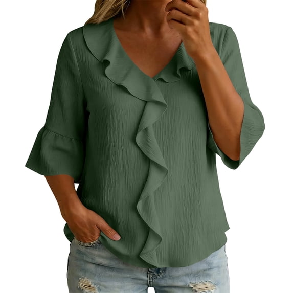 WULMLEO Womens Spring Tops Ruffle V Neck Blouse Summer Shirts for Women Casual Loose Fit Lightweight Design Green M