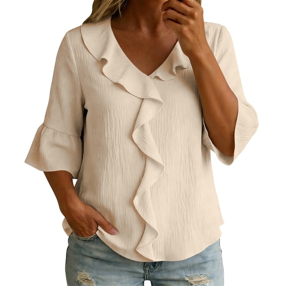 WULMLEO Womens Spring Tops Ruffle V Neck Blouse Summer Shirts for Women Casual Loose Fit Lightweight Design Khaki XL