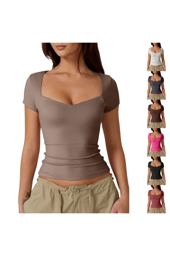 Womens Square Neck Shirts Double Lined Top Fitted T-Shirts Short Sleeve Basic Tee 2024 Summer Outfits Going Out Tops Gray L