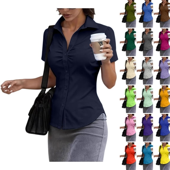 WULMLEO Womens Stain Shield Dress Shirts Wrinkle Free Short Sleeve Solid Tops Button Down Blouses Navy Polyester