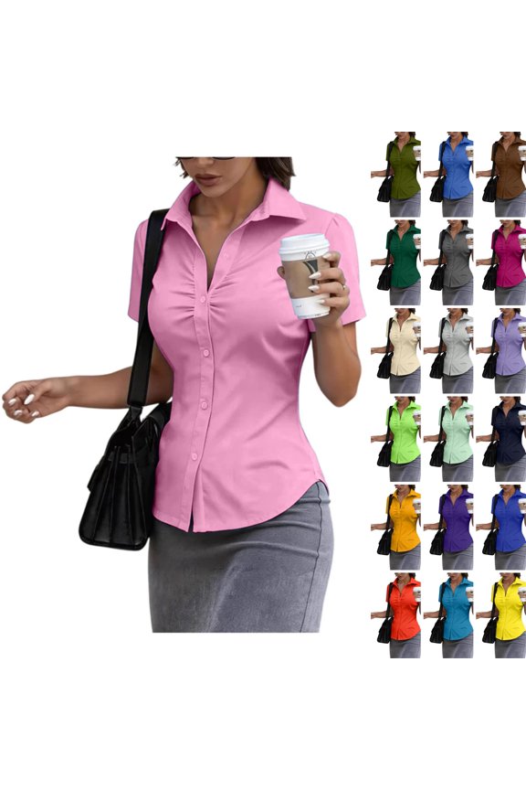 Womens Stain Shield Dress Shirts Wrinkle Free Short Sleeve Solid Tops Button Down Blouses Pink Polyester