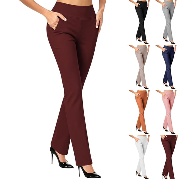 WULMLEO Womens Straight Leg Work Pants High Waist Stretch Office Slacks Business Casual Trousers Wine M