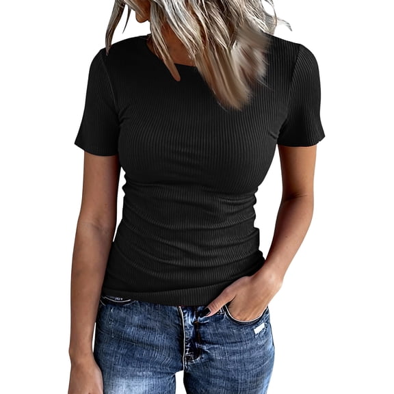 WULMLEO Womens Summer Short Sleeve T-Shirt Ribbed Knit Crew Neck Slim Fitted Basic Casual Top Black S