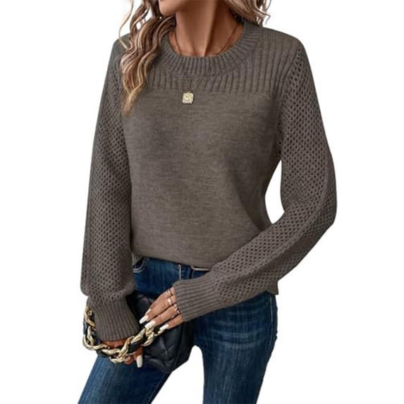 WULMLEO Womens Sweaters Casual Long Sleeve Crewneck Crochet Knit Pullover Tops 2026 Fall Fashion Trendy Shirts Dark Gray L