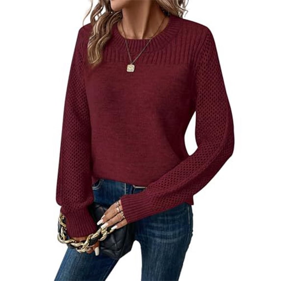 WULMLEO Womens Sweaters Casual Long Sleeve Crewneck Crochet Knit Pullover Tops 2026 Fall Fashion Trendy Shirts Deep Red L