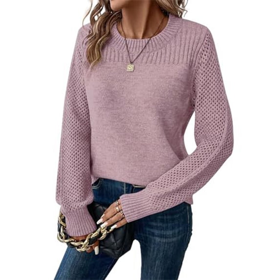 WULMLEO Womens Sweaters Casual Long Sleeve Crewneck Crochet Knit Pullover Tops 2026 Fall Fashion Trendy Shirts Light Purple S