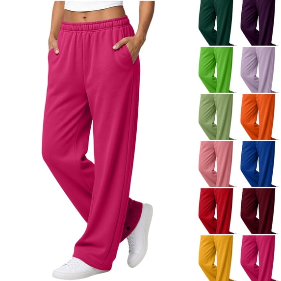 WULMLEO Womens Sweatpants Solid Wide Leg Elastic Waist Fall Winter Bottoms Trendy Lightweight Pant Stretch Athletic Paloma Pants with Pockets Hot Pink S