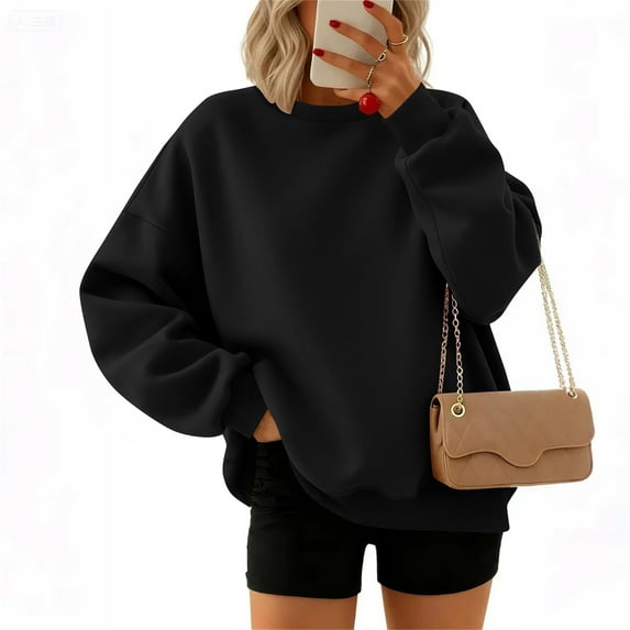 WULMLEO Womens Sweatshirt Long Sleeve Color Block Fleece Hoodies Fall Casual Crewneck Pullover Tunic Tops 2025 Black 3XL