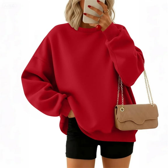 WULMLEO Womens Sweatshirt Long Sleeve Color Block Fleece Hoodies Fall Casual Crewneck Pullover Tunic Tops 2025 Red 3XL