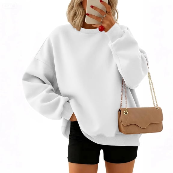 WULMLEO Womens Sweatshirt Long Sleeve Color Block Fleece Hoodies Fall Casual Crewneck Pullover Tunic Tops 2025 White M