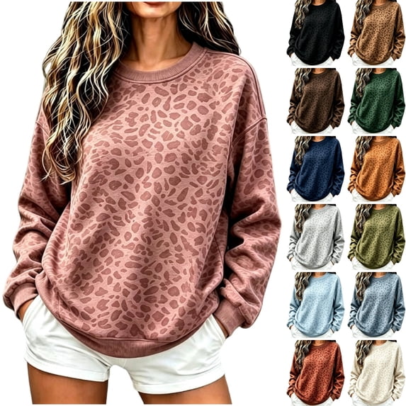 WULMLEO Womens Sweatshirt Long Sleeve Crew Neck Leopard Sweatshirts Cute Sweaters Fashion Y2k Office Pullover Tops Pink M