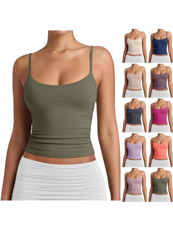 Womens Tank Tops Cute Adjustable Double Lined Scoop Neck Sleeveless Top Y2k Summer Basic Camisole Athletic Workout Gym Cami Shirts Army Green M