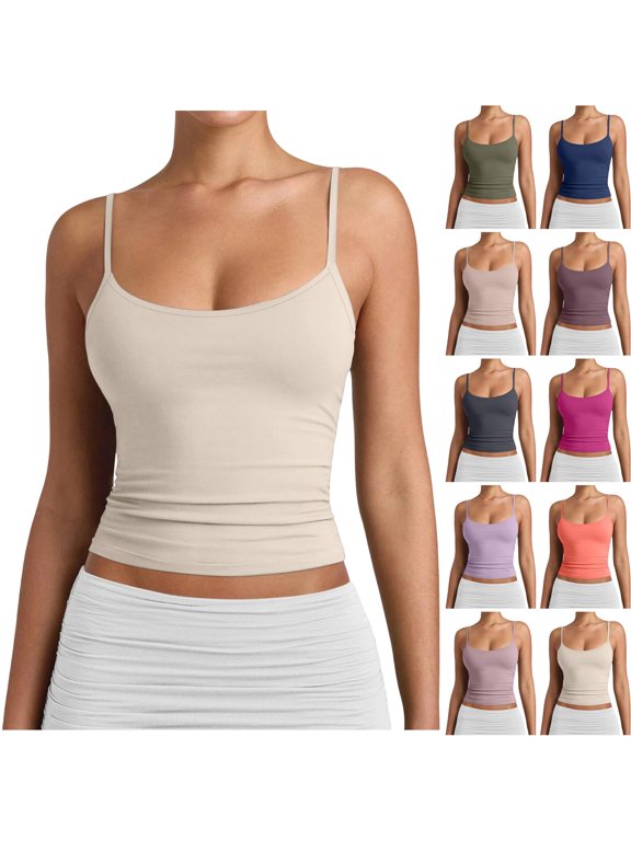 Womens Tank Tops Cute Adjustable Double Lined Scoop Neck Sleeveless Top Y2k Summer Basic Camisole Athletic Workout Gym Cami Shirts Beige S
