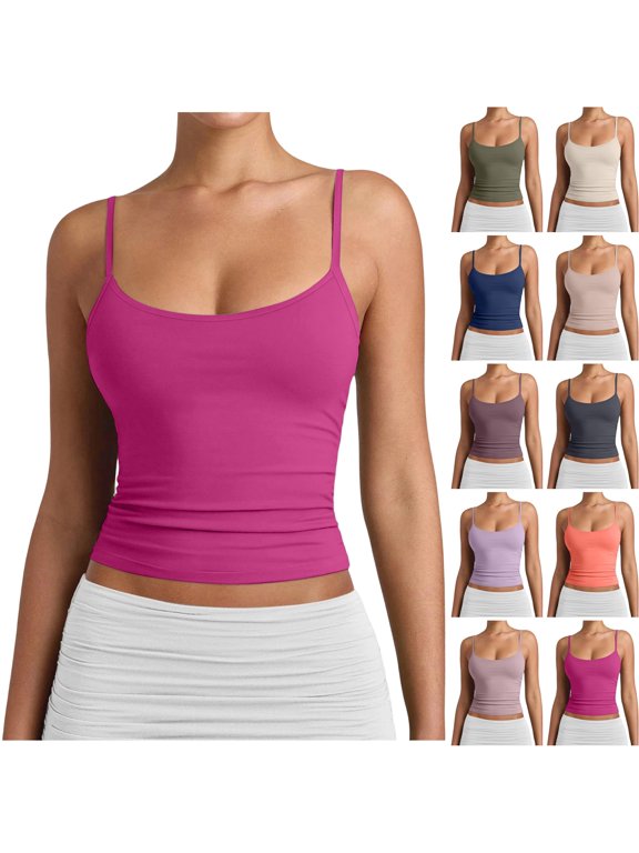 Womens Tank Tops Cute Adjustable Double Lined Scoop Neck Sleeveless Top Y2k Summer Basic Camisole Athletic Workout Gym Cami Shirts Hot Pink 2XL